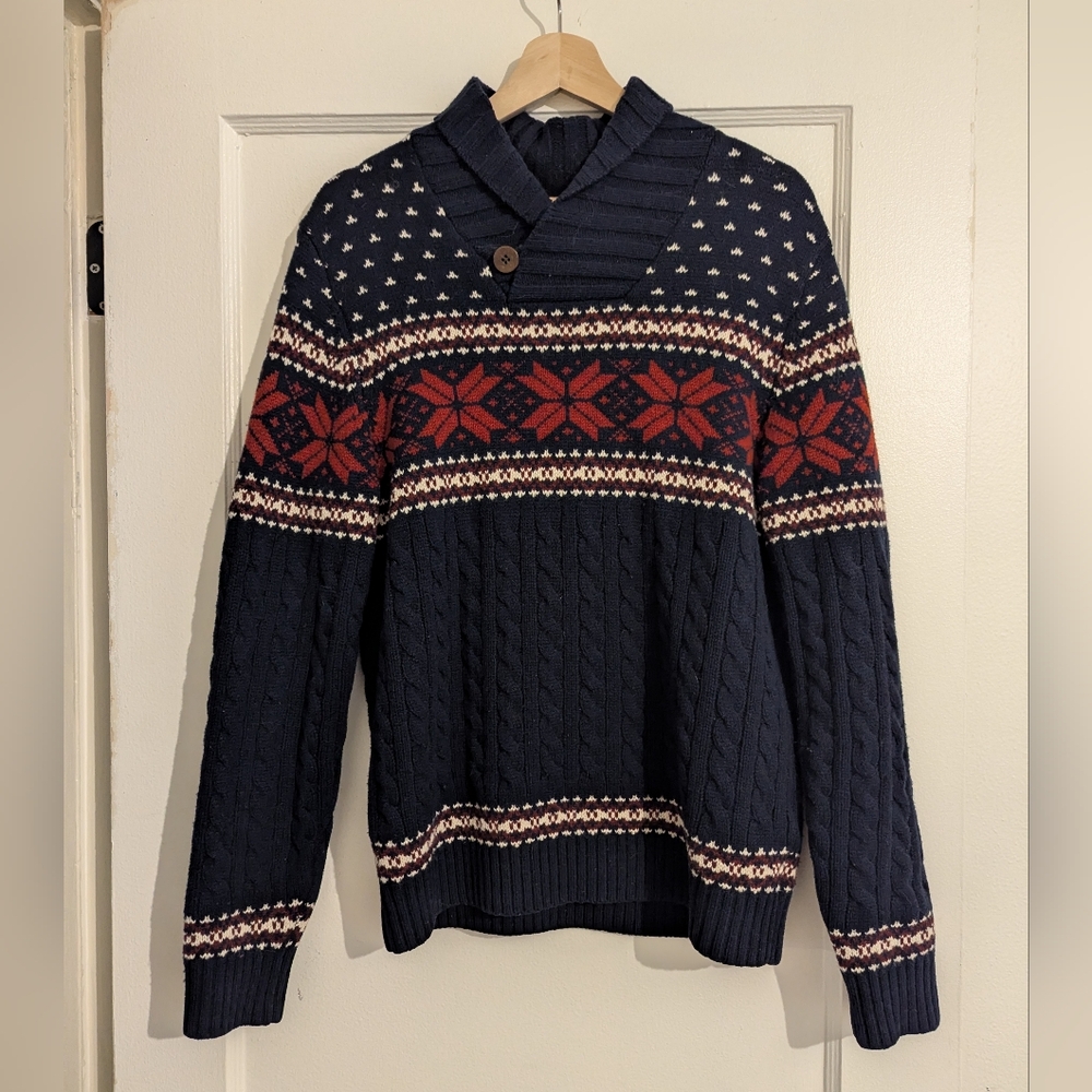 Lands' End Wool Navy and Red Fair Isle Sweater
